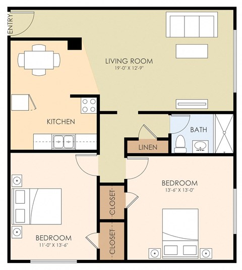 Floor plan for 2 beds, 1 bath, 924 sqft